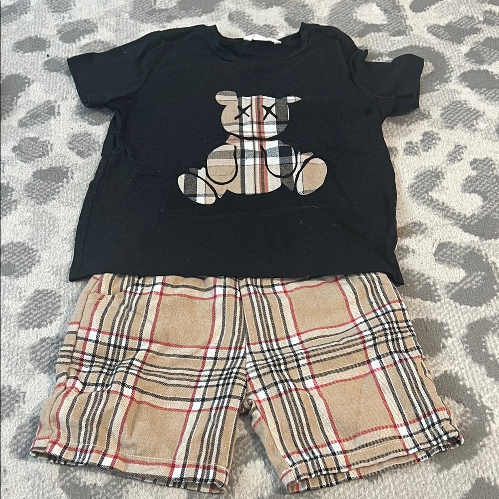 Plaid Bear Kids Set - Black and Tan